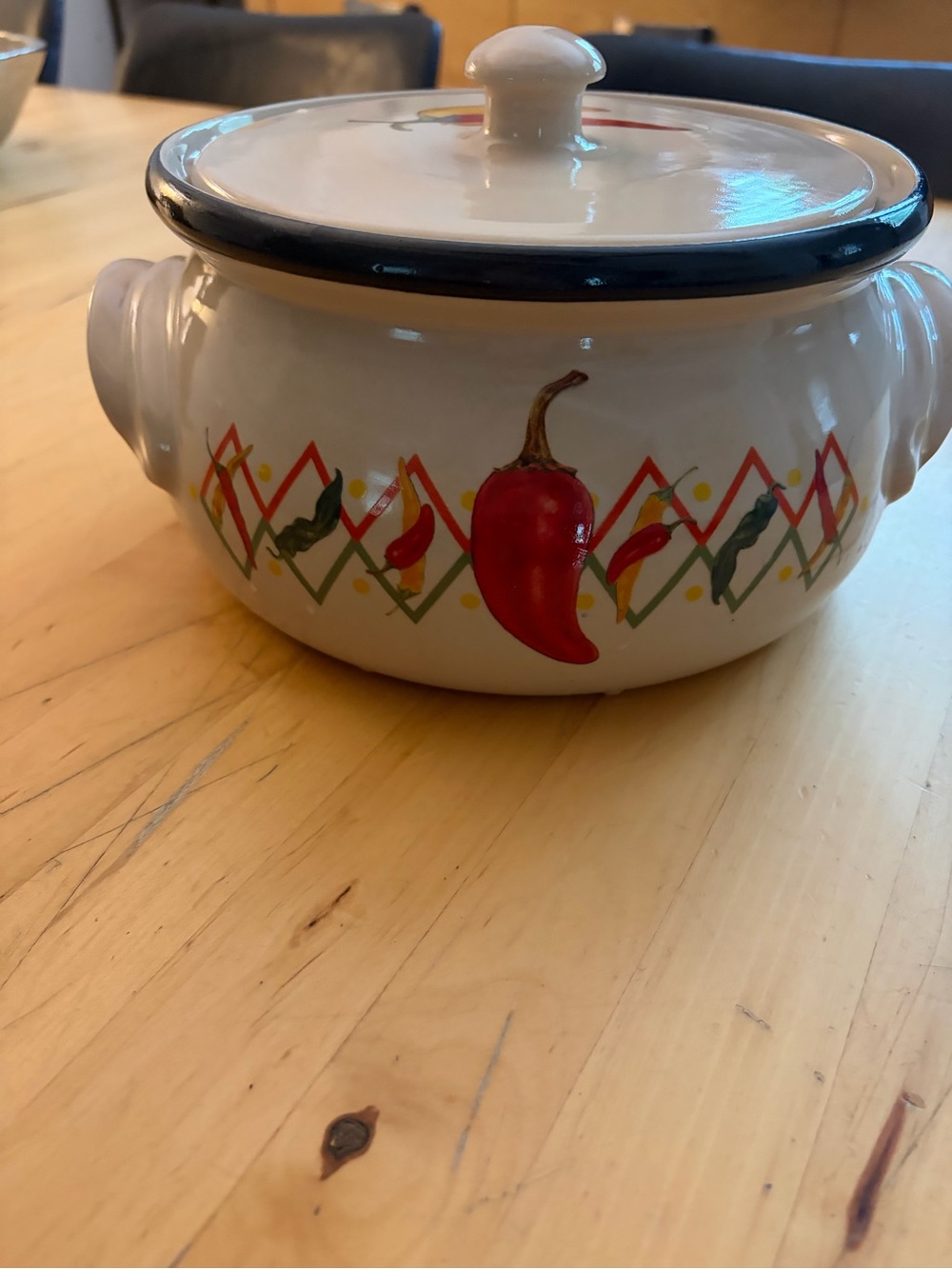 Ceramic Covered Casserole with Red Chili Accent Vntg